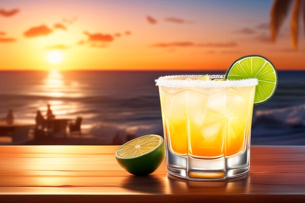 La margarita es un cóctel de tequila mezclado con licor con sabor a naranja y lima en un complejo turístico de playa.