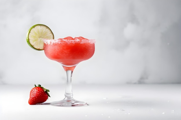 Margarita de fresa congelada adornada con un borde de sal y una rodaja de lima en un espacio de copia gris Margarita con hielo picado Cóctel rojo congelado con hielo picado fresa y lima IA generativa