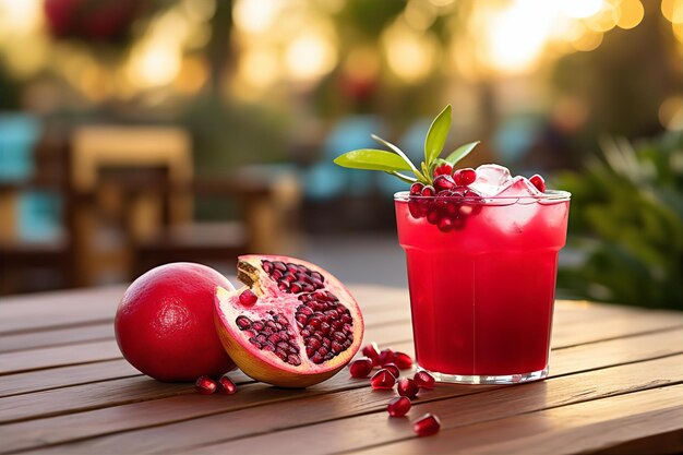 Margarita de granada para la cena en la mesa de madera con fondo de configuración al aire libre