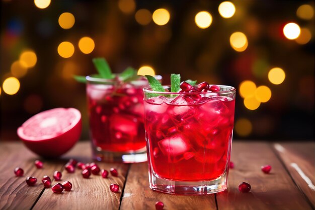 Margarita de granada para la cena en la mesa de madera con fondo de configuración al aire libre