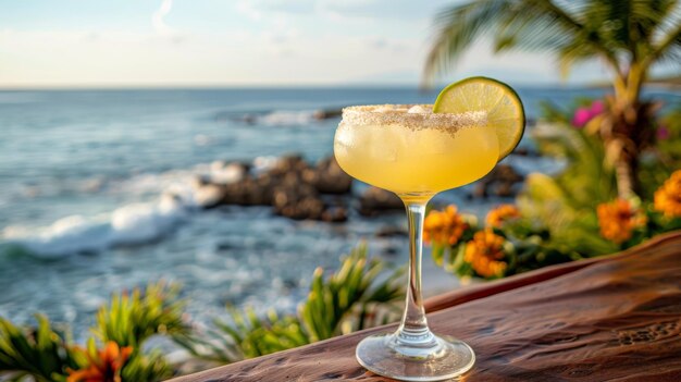 Margarita en una mesa de madera junto al océano
