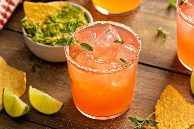 Margarita picante de pomelo con papas fritas y guacamole