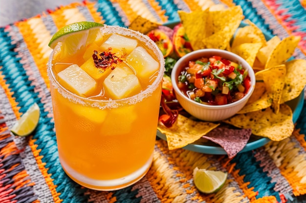Margarita refrescante de abacaxi e manga com batatas fritas e coquetel de verão com salsa
