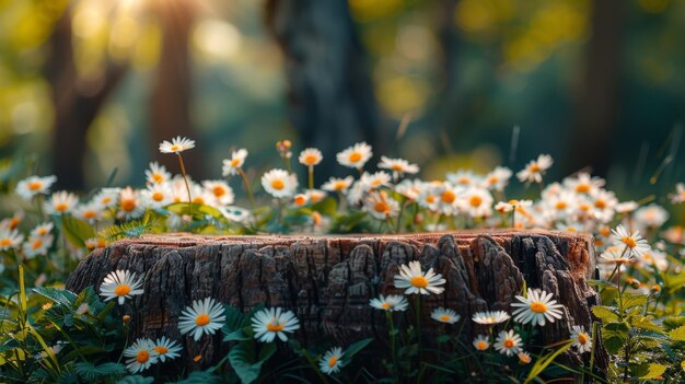 Las margaritas florecen en el tronco de un árbol en el bosque