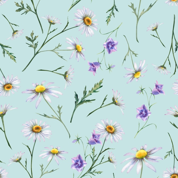 Las margaritas y las flores de campana azul tienen un patrón sin costuras en un fondo azul Ilustración en acuarela de flores silvestres de camomila decoradas con manos Ornamento para imprimir en tela papel pintado postal