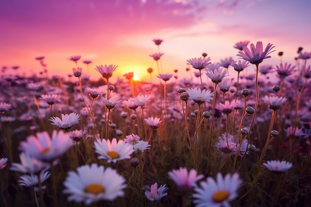 Margaritas de pradera de flores en la noche al atardecer