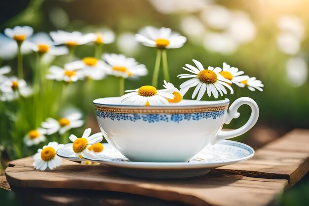 Margaritas en una taza de té sobre una mesa de madera