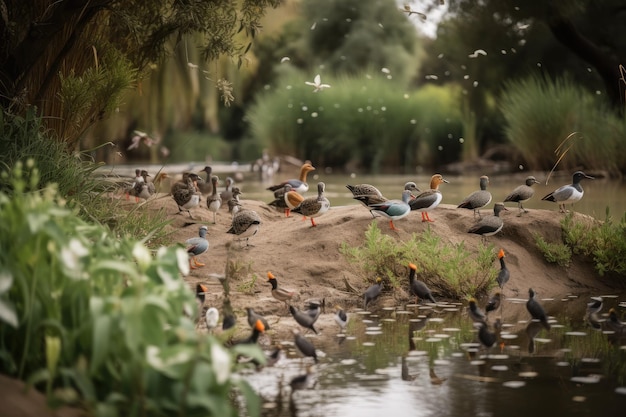 Margem do rio repleta de plantas e animais, incluindo pássaros aquáticos criados com IA generativa