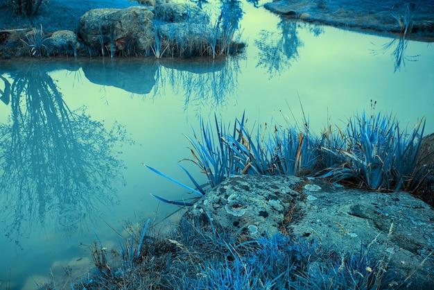 Margem do rio rochoso místico vintage azul