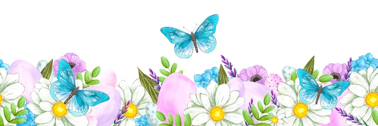Foto margem sem costura de aquarela de páscoa desenhada à mão com ovos e flores isoladas em fundo branco pode ser usada para rótulo de embrulho de presente e outros produtos impressos