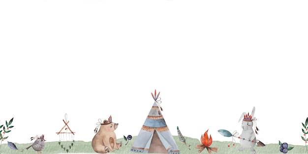 Margen sin costuras de acuarela con wigwam y animales lindos oso conejo y pájaro en diseño de estilo boho de