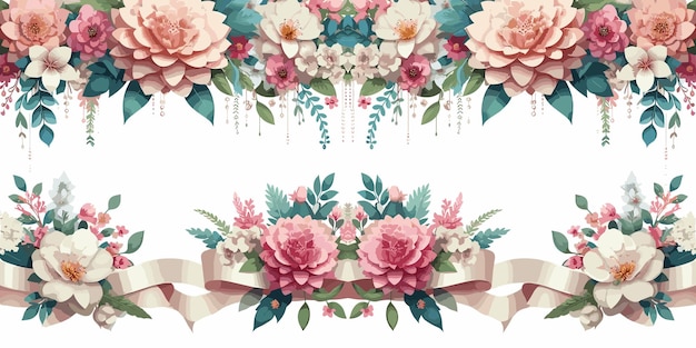 Margen floral en acuarela con flores y cintas diseño de tarjeta de invitación floral Ilustración vectorial