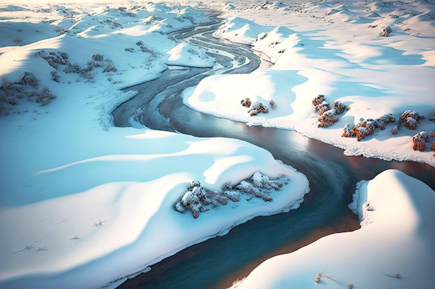 Margens aéreas do rio Islândia cobertas de neve brancas entre colinas frias