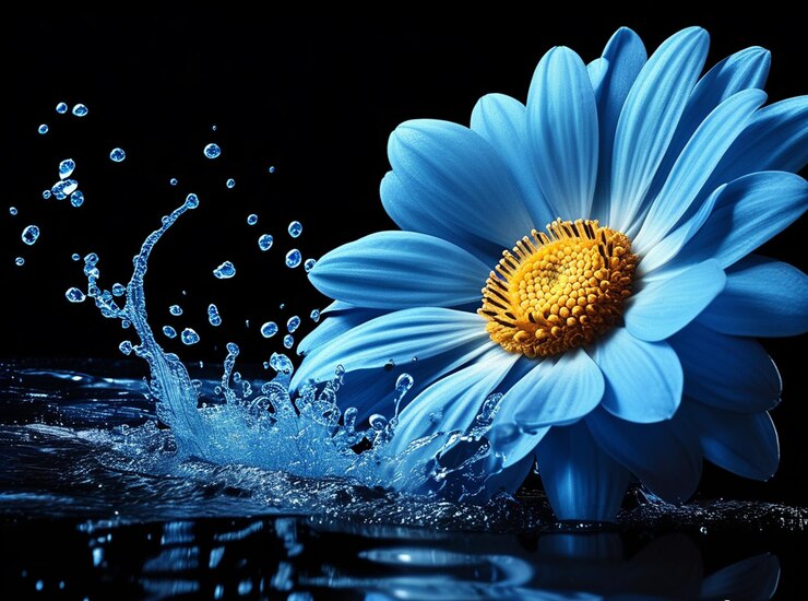 Marguerita azul en el reflejo de la superficie del espejo de salpicaduras de agua