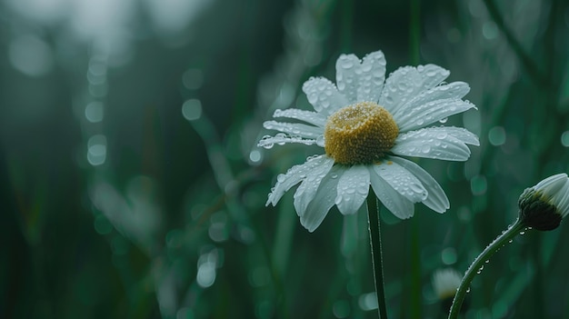 Marguerita húmeda con gotas de lluvia en los pétalos