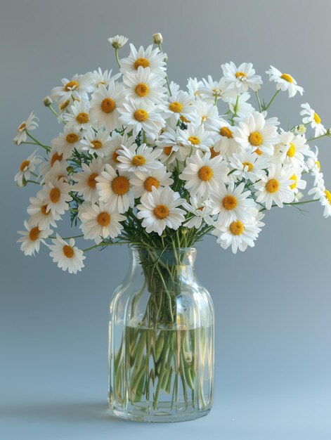 Margueritas blancas frescas en un jarrón de vidrio transparente