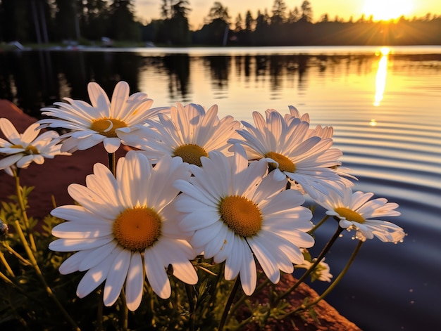 Margueritas blancas a la orilla del lago atrapando los últimos rayos de luz solar