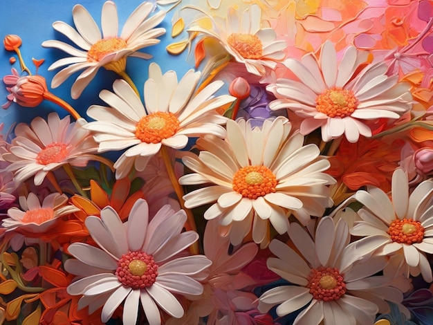 Margueritas caprichosas en un diseño de fondo con gradiente de arco iris