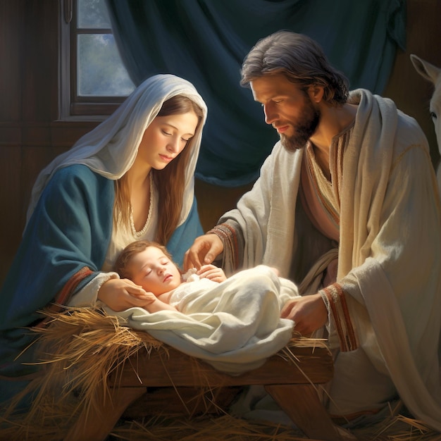 María y José con el bebé Jesús en el pesebre