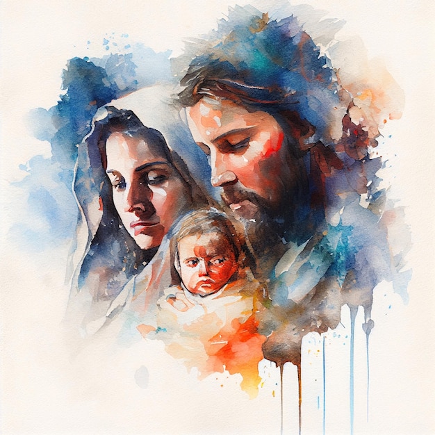 María y José sosteniendo al bebé Jeusus Christ en los brazos religión y fe del cristianismo bíblico