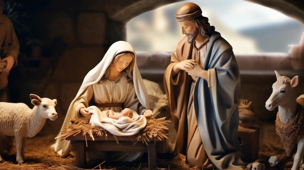 Maria segurando um recém-nascido Jesus com José e vários animais no fundo