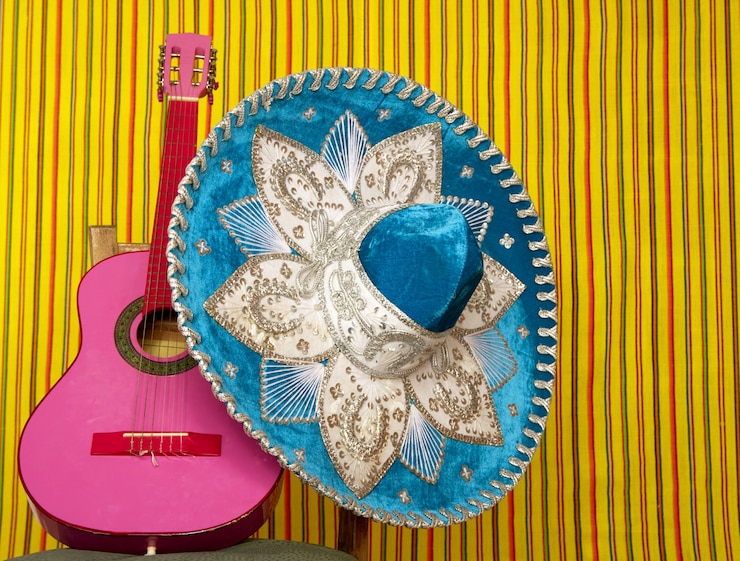 Foto mariachi bordado mexicano sombrero rosa guitarra