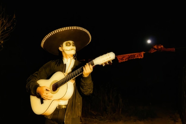 Un mariachi maquillado en el Día de los Muertos toca la guitarra bajo luces de neón