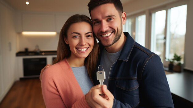 Foto un marido alegre le pasa las llaves del apartamento a su esposa una pareja emocionada muestra la compra de una nueva casa con beamin