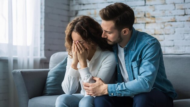 Foto el marido apoyando reconfortante molesto esposa deprimida infertilidad y concepto de simpatía