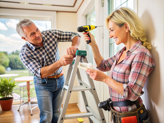 El marido ayuda a su esposa ayudándola en las reparaciones o el mantenimiento del hogar