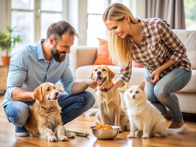 Foto el marido ayuda a su esposa cuidando de las mascotas alimentando y limpiando