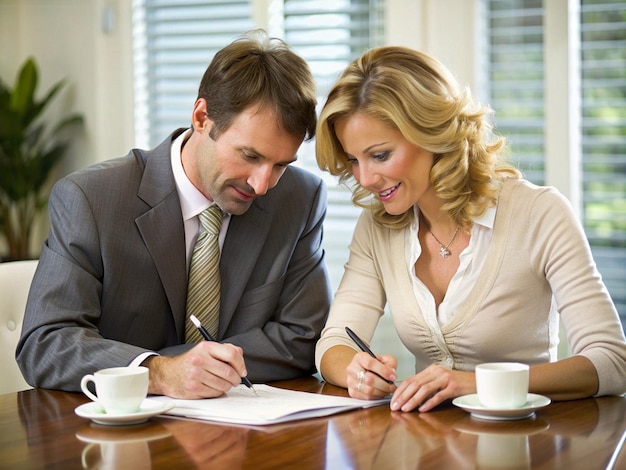 Foto el marido ayuda a su esposa redactando contratos o acuerdos para sus negocios