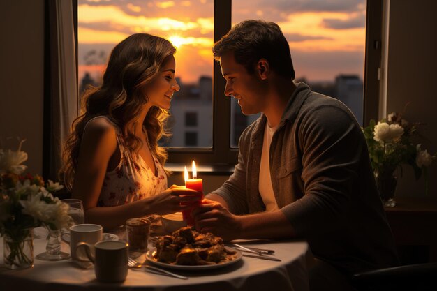 Foto un marido enamorado le trae al desayuno a su esposa.