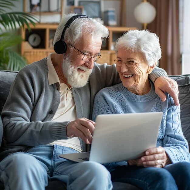 Foto marido y esposa jubilados positivos que usan internet