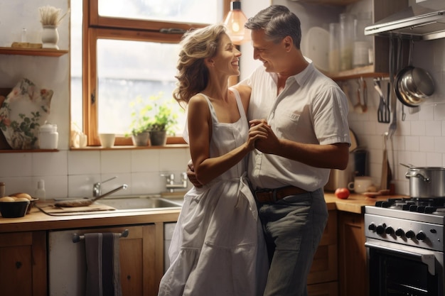 Marido y mujer bailando en la cocina de casa IA generativa