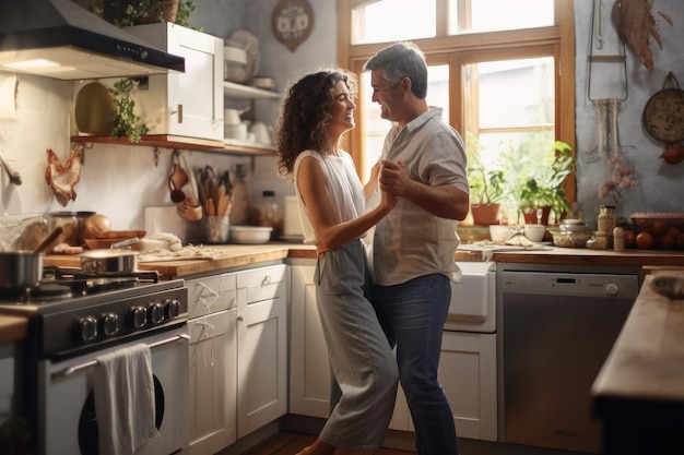 Marido y mujer bailando en la cocina de casa IA generativa