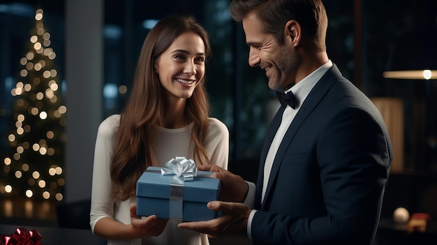 Marido y mujer feliz pareja de negocios regalar o dar regalos el uno al  otro en el éxito