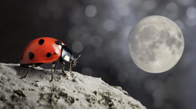 Marienkäfer auf einem Felsen im Mondlicht 3D-Illustration