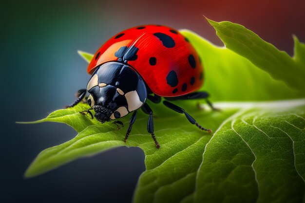 Marienkäfer sitzt oben auf Blatt oben auf grünem Blatt Generative KI