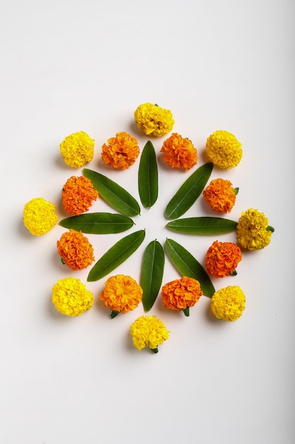 Marigold Flower rangoli Design para Diwali Festival, decoração de flores do Festival Indiano