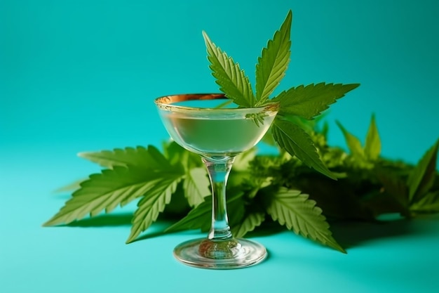 Marihuana-Cocktail und Blätter auf farbigem Hintergrund