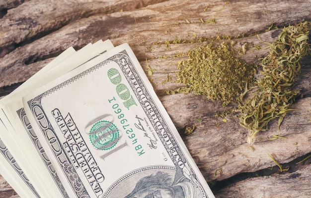 Marihuana medicinal seca con billetes de un dólar