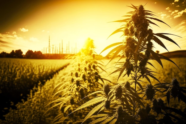 Marihuana- oder Hanfpflanzen auf industriellem Cannabisplantagenhintergrund