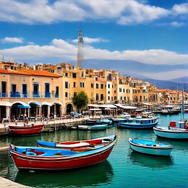 una marina con barcos y edificios en el fondo