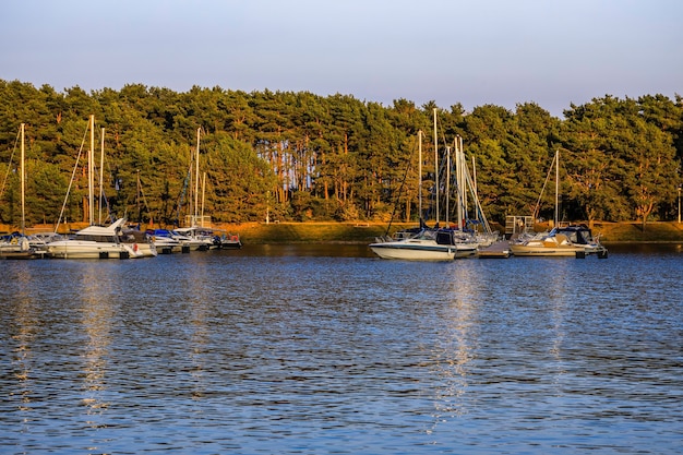 Marina mit Yachten und Booten am sonnigen Herbstabend