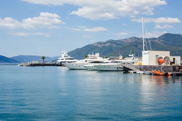 Foto marina con yates en montenegro cerca de la ciudad de tivat