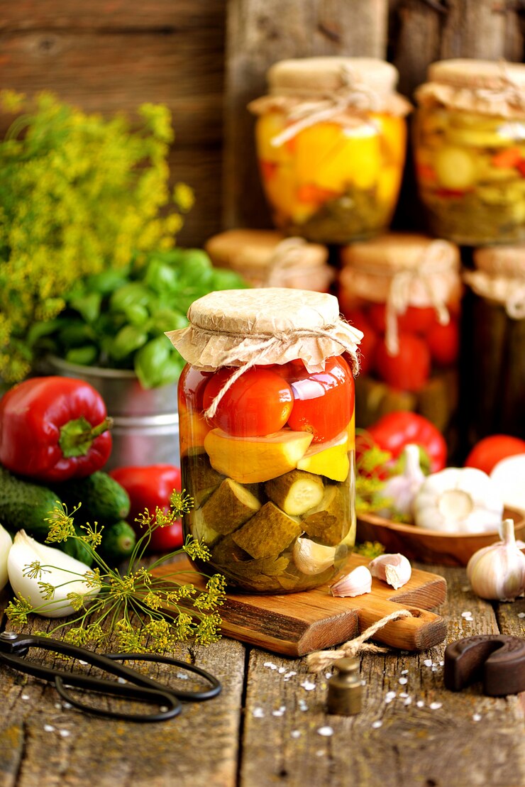 Foto marinado casero surtido con tomate, pepino y calabaza, eneldo, zanahoria, ajo y cebolla en un frasco sobre un fondo de madera vieja. estilo rústico