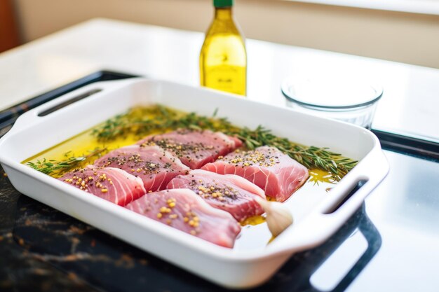 Marinar filetes de atún crudo con aceite de oliva y hierbas antes de dorar