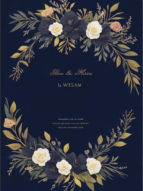 Marine-blaue Hochzeits-Einladungskarte mit wunderschönen Blumen