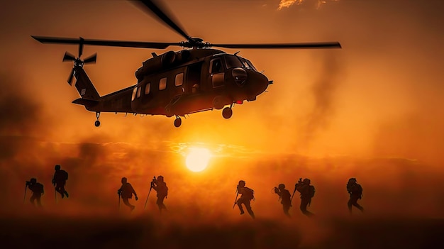 Marineinfanteristen landen während des Sonnenuntergangs mit dem Helikopter ab. Generative KI